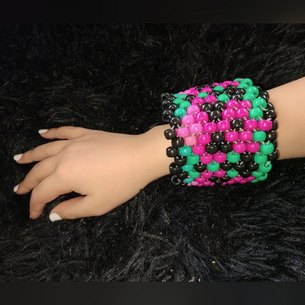 Pink Skull Kandi Bracelet, Green and Black Backround